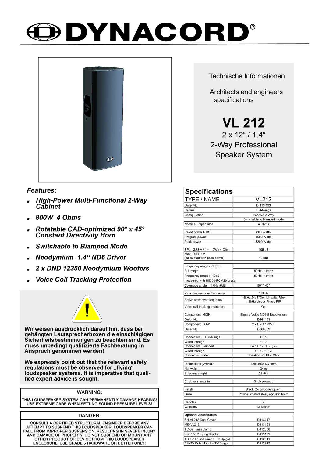 Dynacord VL 212 specifications Way Professional Speaker System 