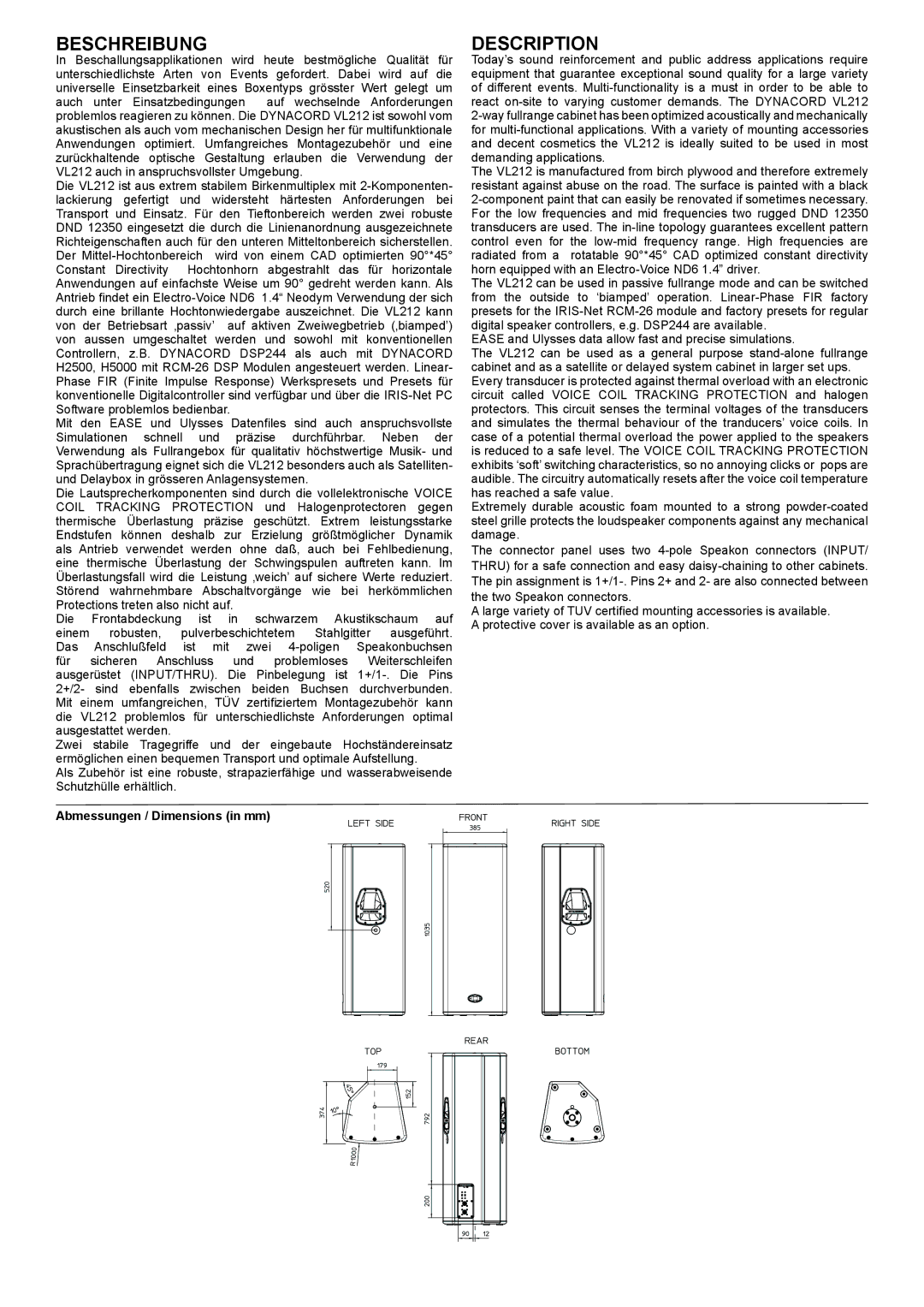 Dynacord VL 212 specifications Beschreibung 