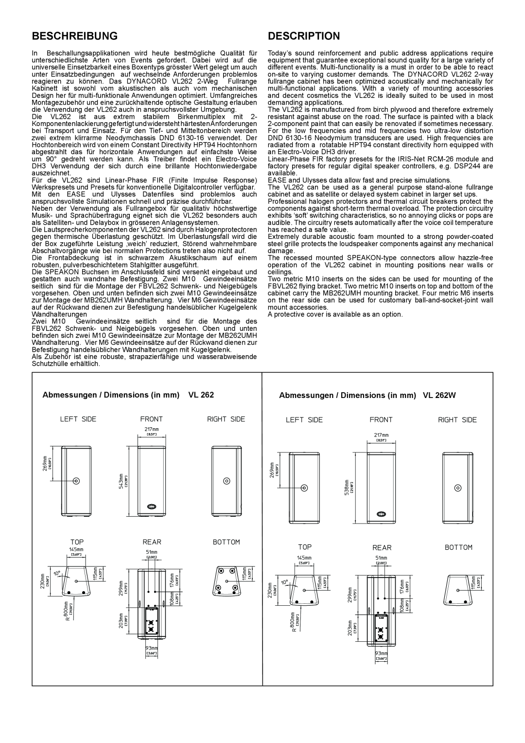 Dynacord VL262 specifications Beschreibung, Description, Abmessungen / Dimensions in mm VL 262W 