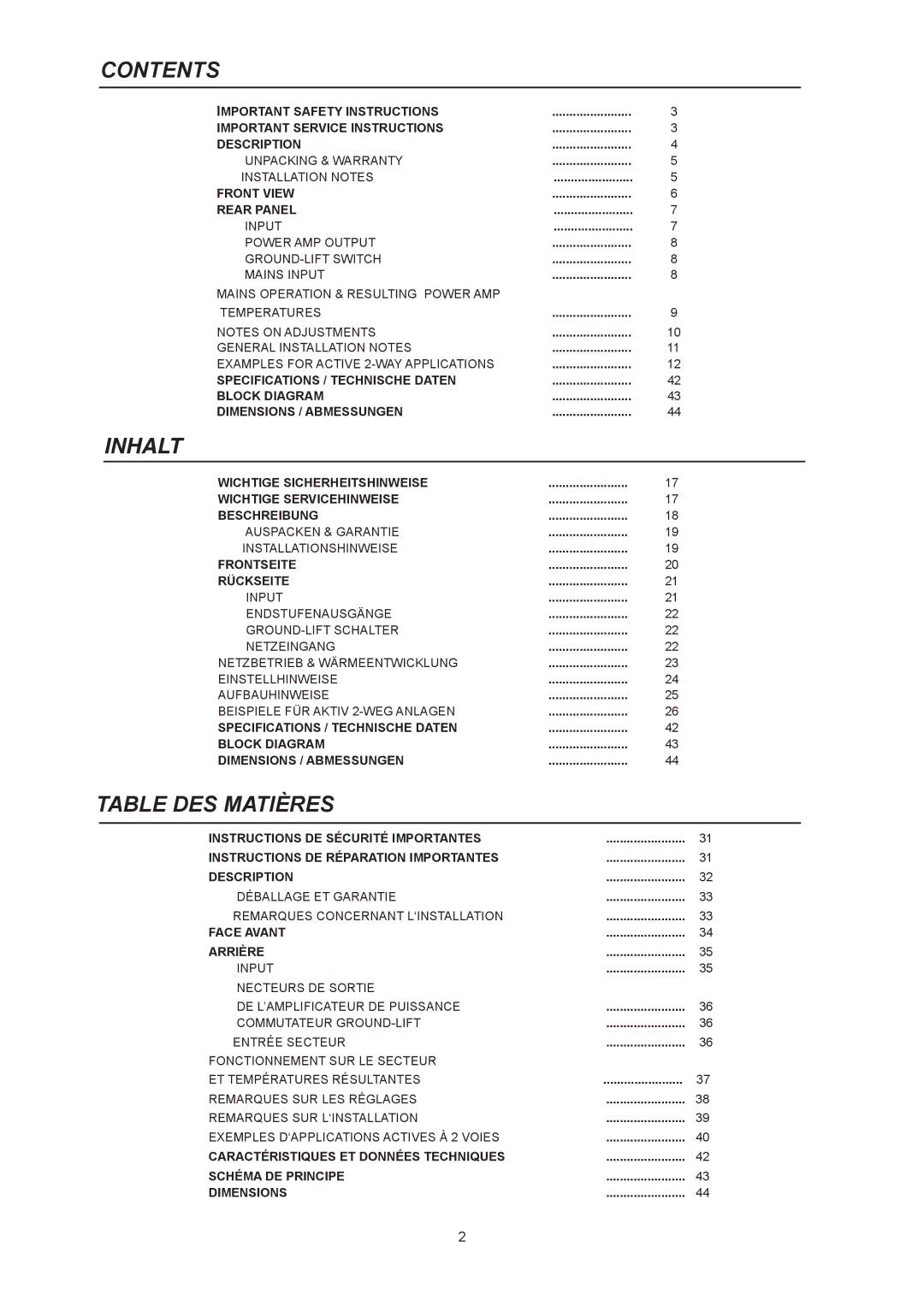 Dynacord Xa 4000 owner manual Contents, Table DES Matières 