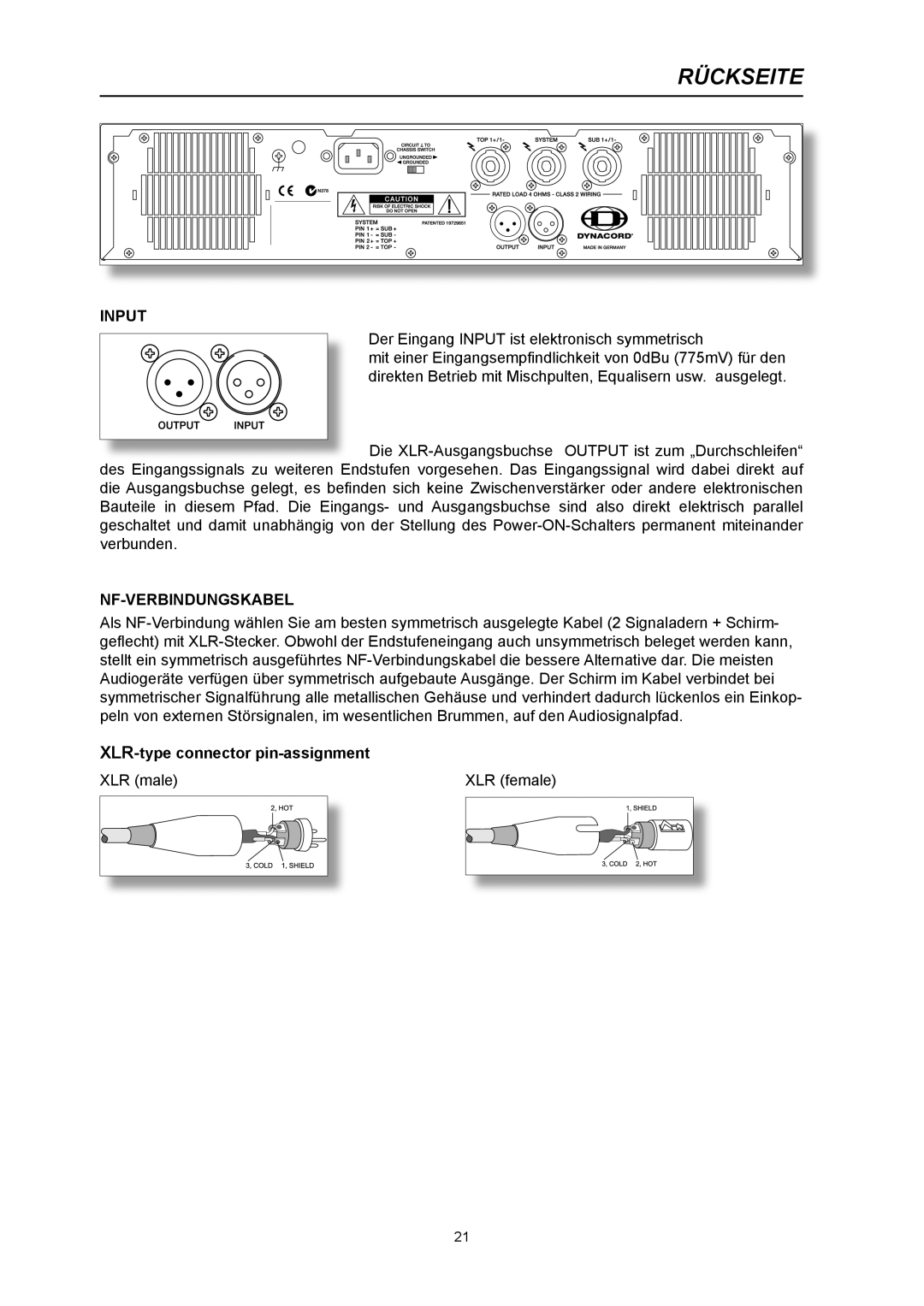 Dynacord Xa 4000 owner manual Rückseite, Input, Nf-Verbindungskabel 