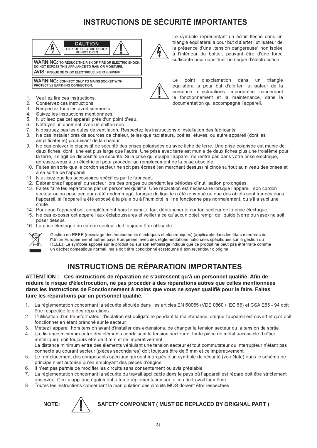 Dynacord Xa 4000 owner manual Instructions DE Sécurité Importantes 