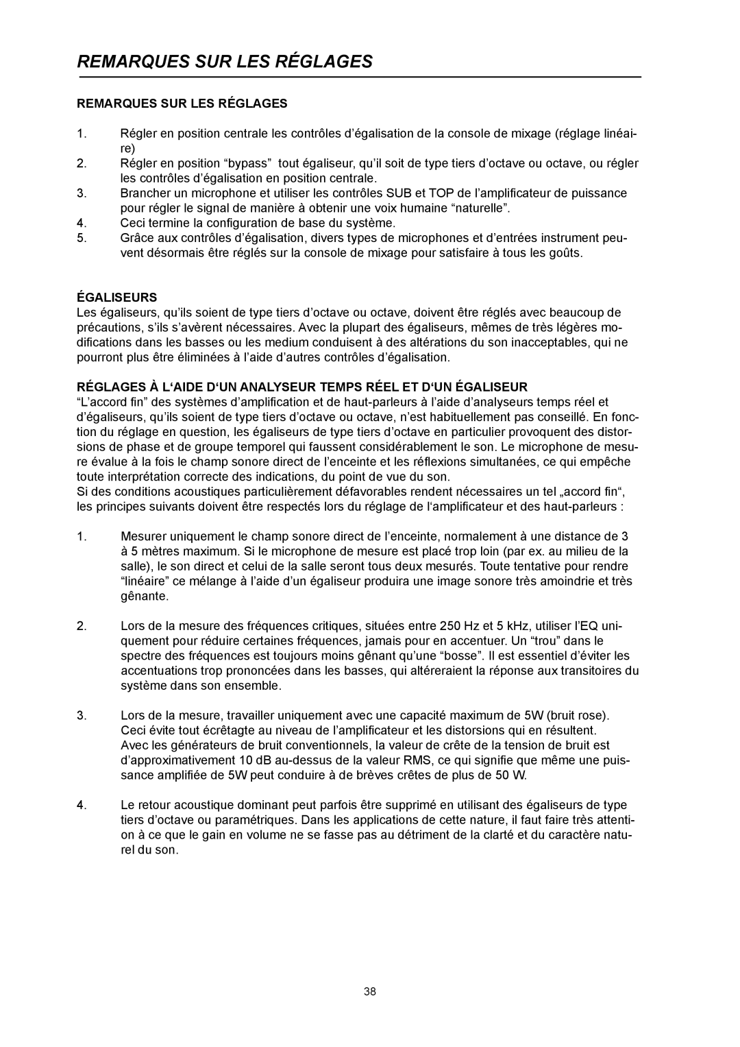 Dynacord Xa 4000 owner manual Remarques SUR LES Réglages, Égaliseurs 