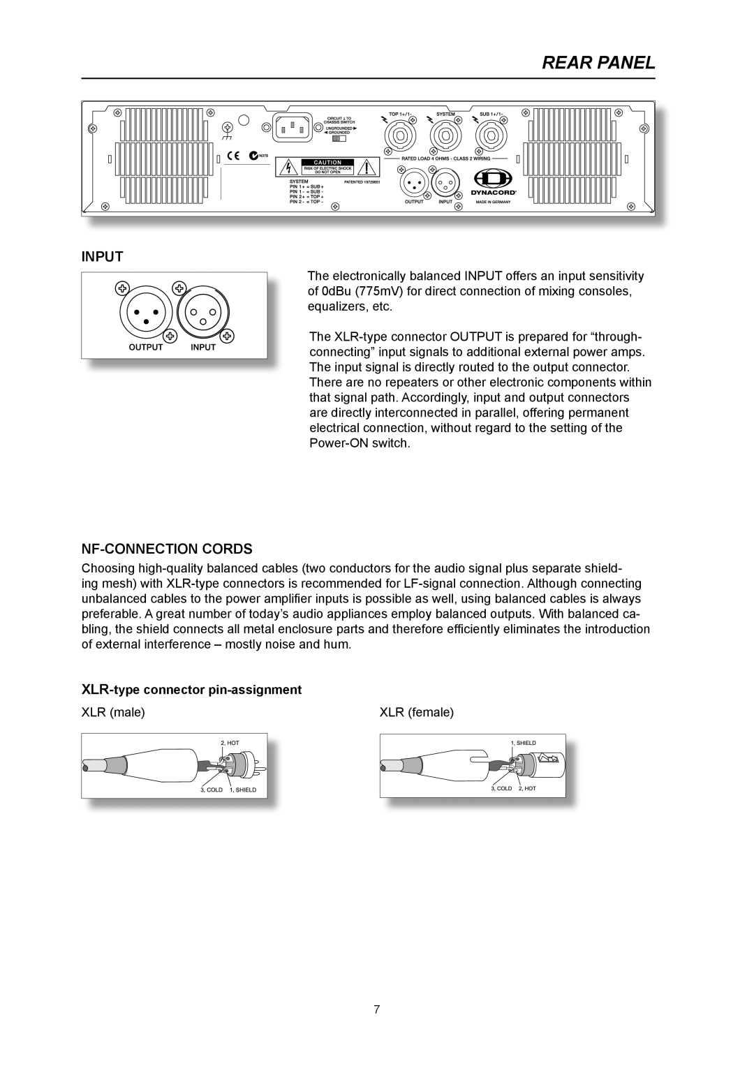 Dynacord Xa 4000 owner manual Rear Panel, Input, NF-CONNECTION Cords 