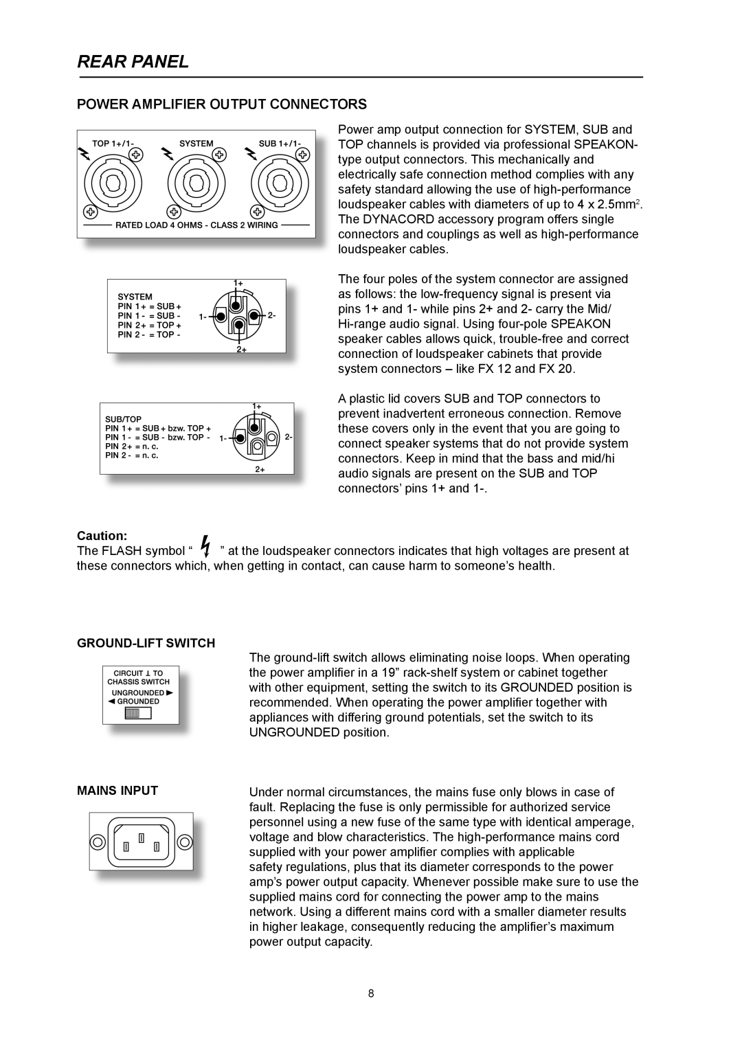 Dynacord Xa 4000 owner manual Power Amplifier Output Connectors, GROUND-LIFT Switch, Mains Input 