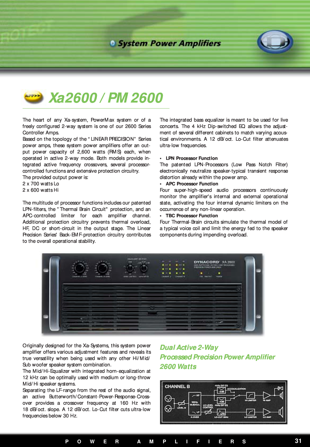 Dynacord PM2600 manual Xa2600 / PM, Dual Active 2-Way, Processed Precision Power Amplifier 2600 Watts, P O W E R 