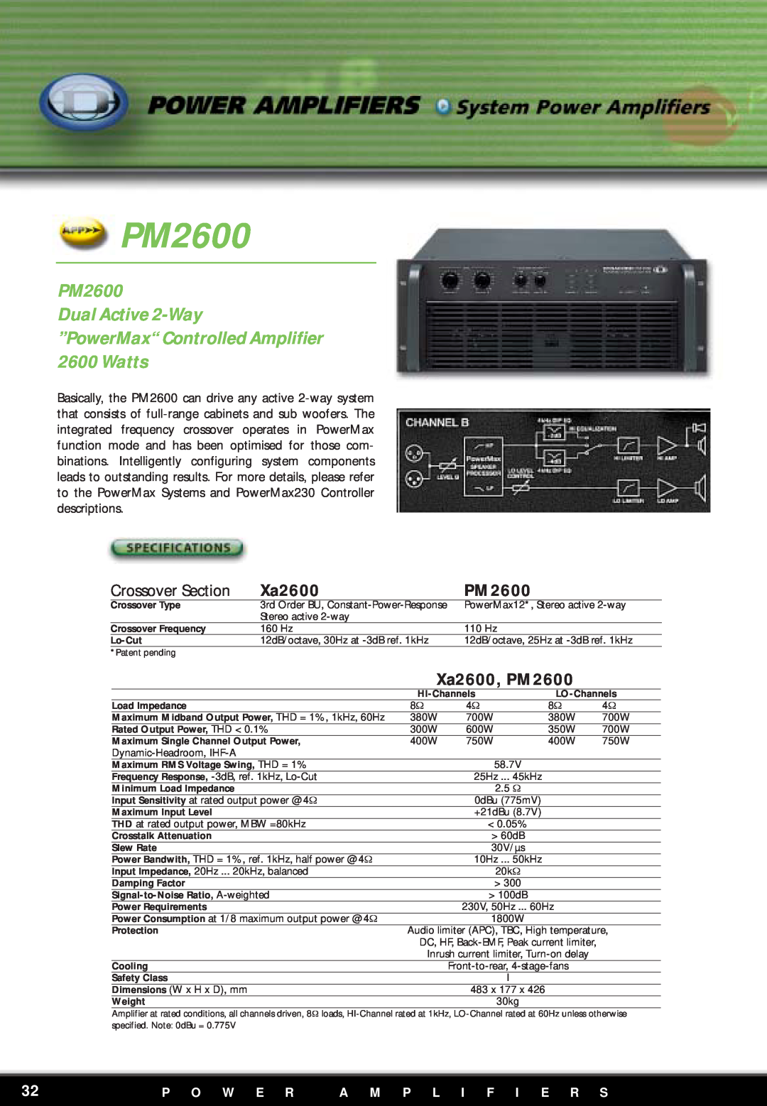 Dynacord Xa2600 PM2600 Dual Active 2-Way, ”PowerMax“ Controlled Amplifier 2600 Watts, Crossover Section, P O W E R 