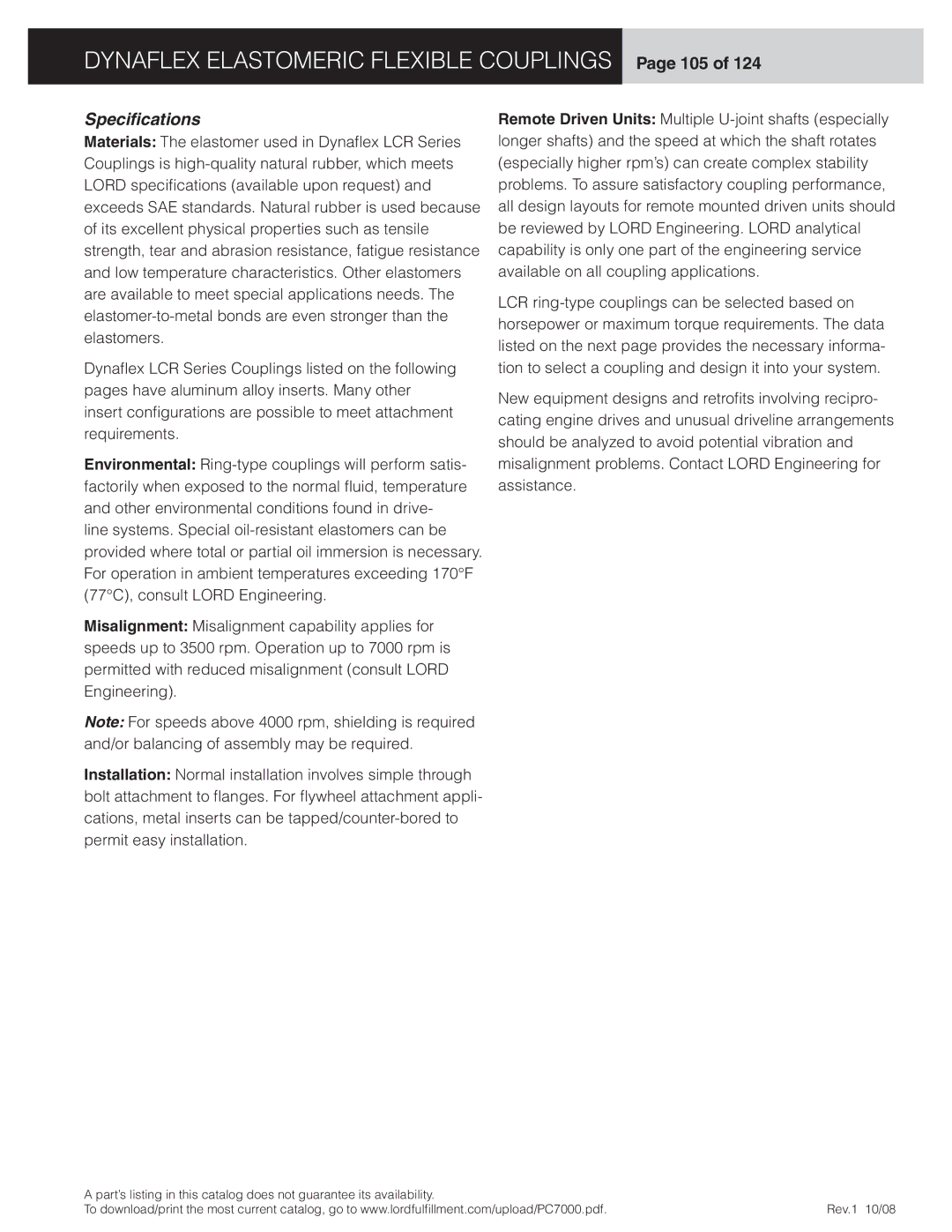 Dynaflex LCD, LCR manual Dynaflex Elastomeric Flexible Couplings Page 105, Speciﬁcations 