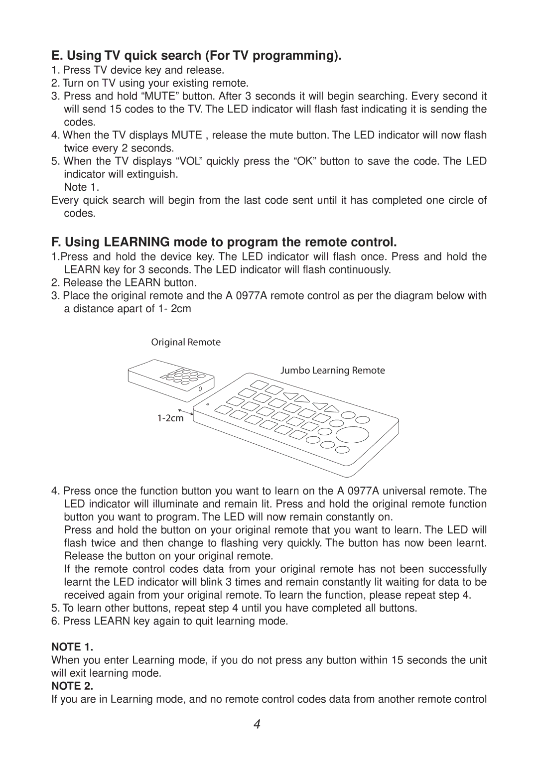 Dynalink A 0977A manual Using TV quick search For TV programming, Using Learning mode to program the remote control 