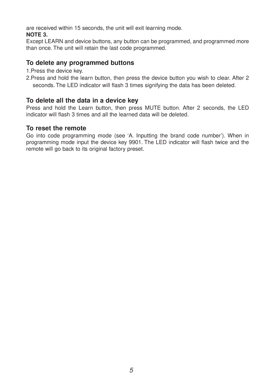 Dynalink A 0977A manual To delete any programmed buttons, To delete all the data in a device key, To reset the remote 