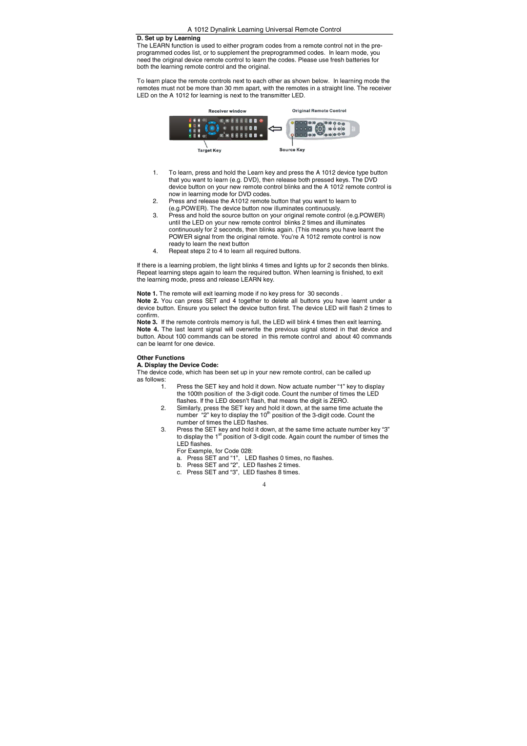 Dynalink A 1012 manual Set up by Learning, Other Functions Display the Device Code 