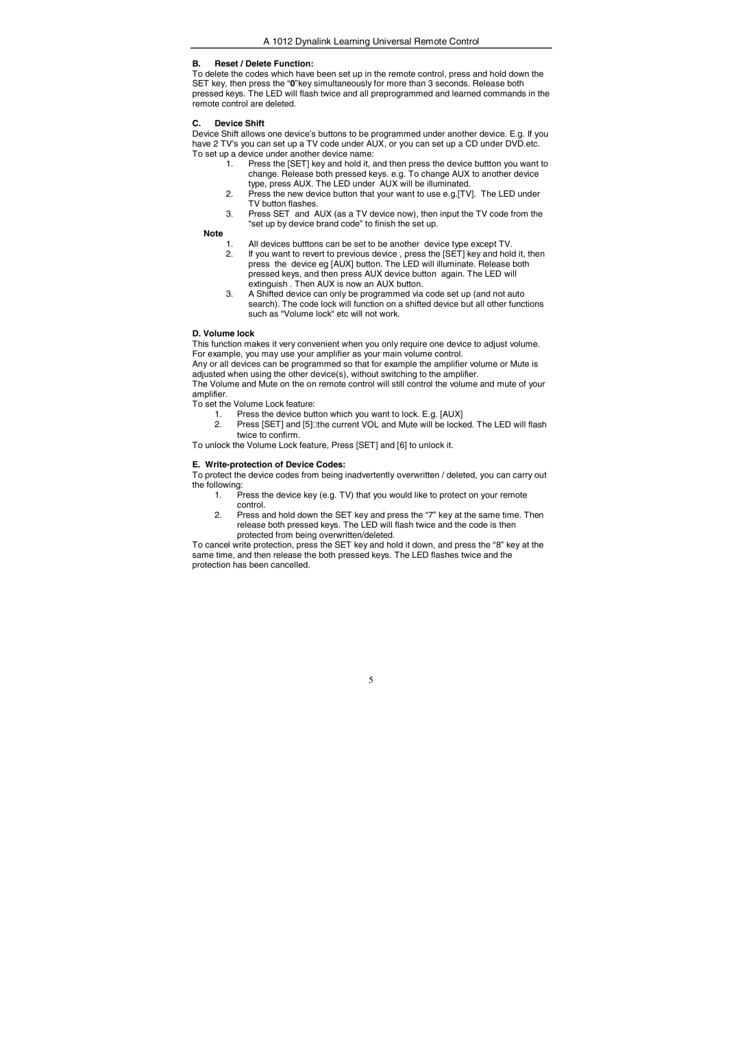 Dynalink A 1012 manual Reset / Delete Function, Device Shift, Volume lock, Write-protection of Device Codes 