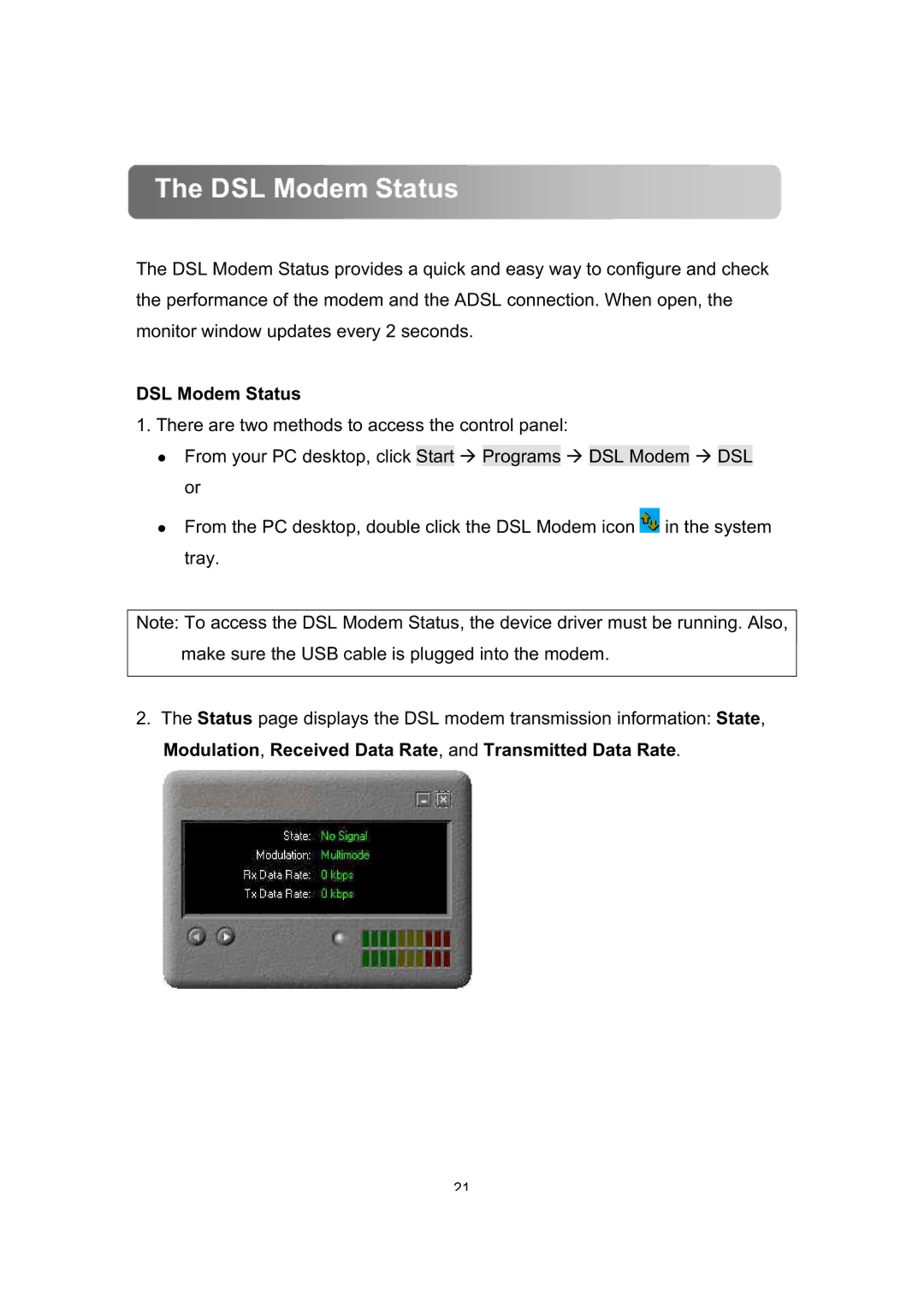 Dynalink ALE800 user manual DSL Modem Status 