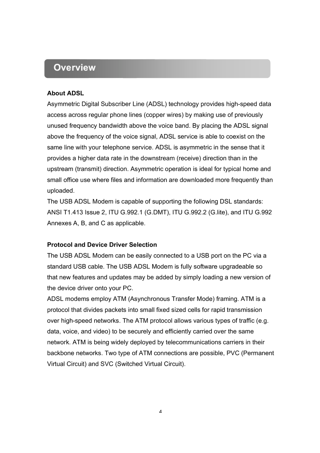 Dynalink ALE800 user manual Overview, About Adsl, Protocol and Device Driver Selection 