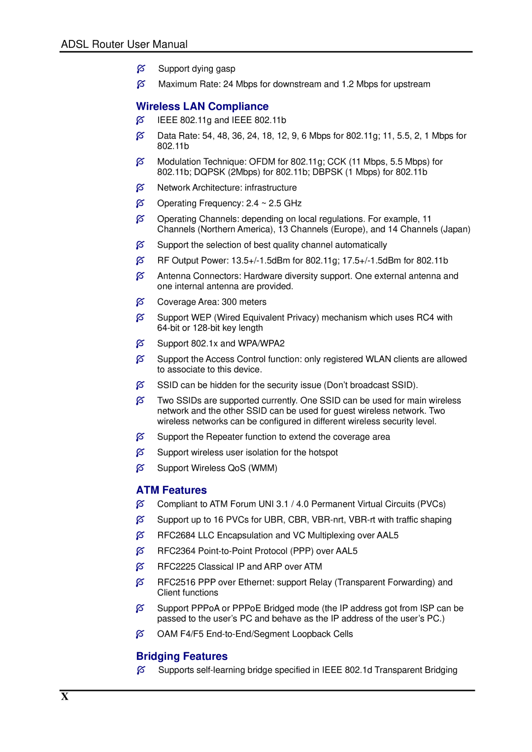 Dynalink RTA1025W user manual Wireless LAN Compliance, ATM Features, Bridging Features 