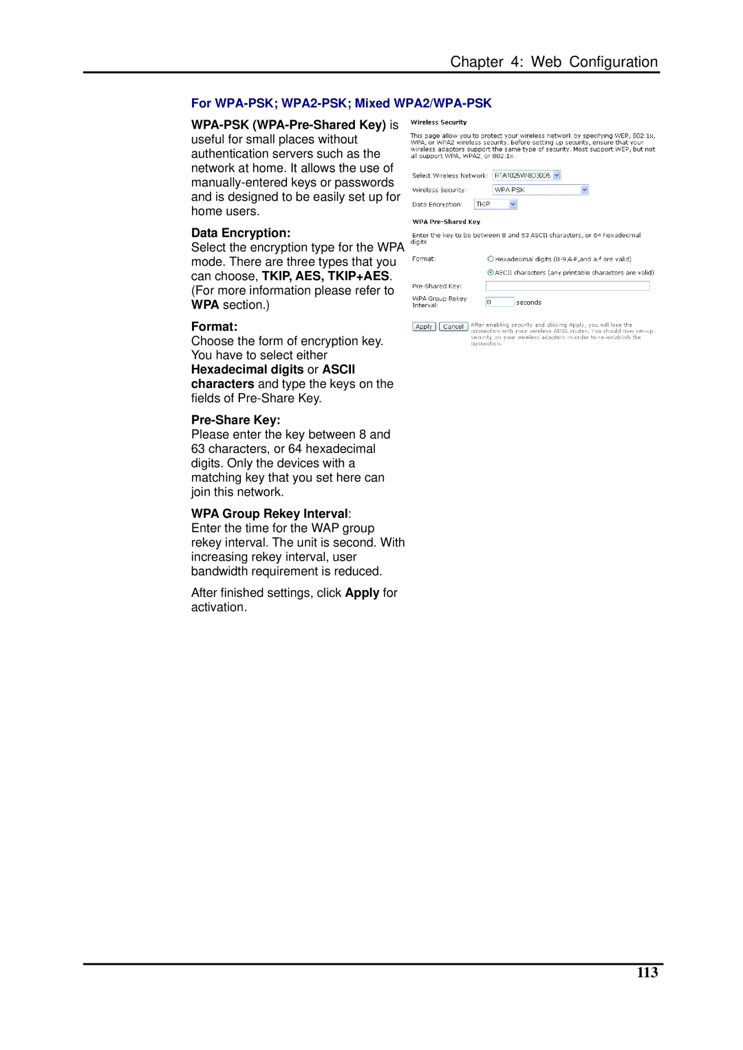 Dynalink RTA1025W user manual 113, For WPA-PSK WPA2-PSK Mixed WPA2/WPA-PSK, Pre-Share Key 