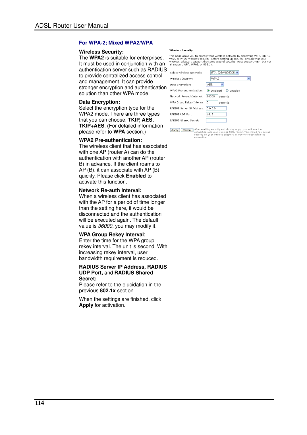 Dynalink RTA1025W user manual 114, For WPA-2 Mixed WPA2/WPA, WPA2 Pre-authentication, Network Re-auth Interval 