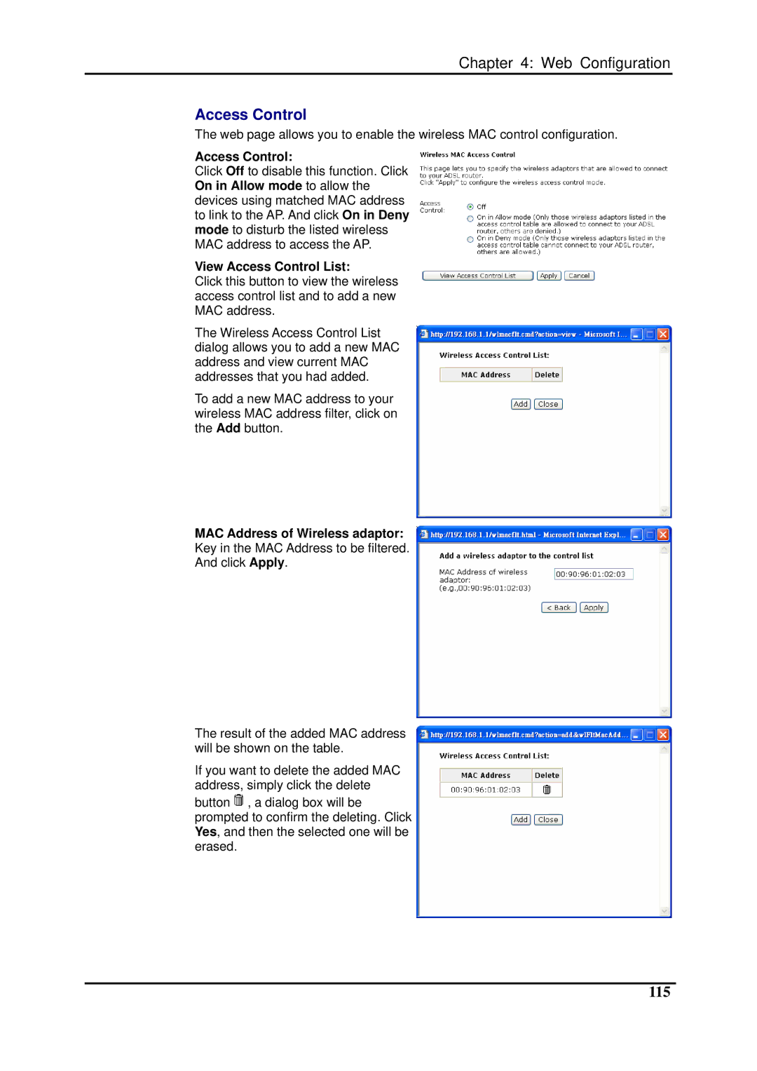 Dynalink RTA1025W user manual 115, View Access Control List, MAC Address of Wireless adaptor 