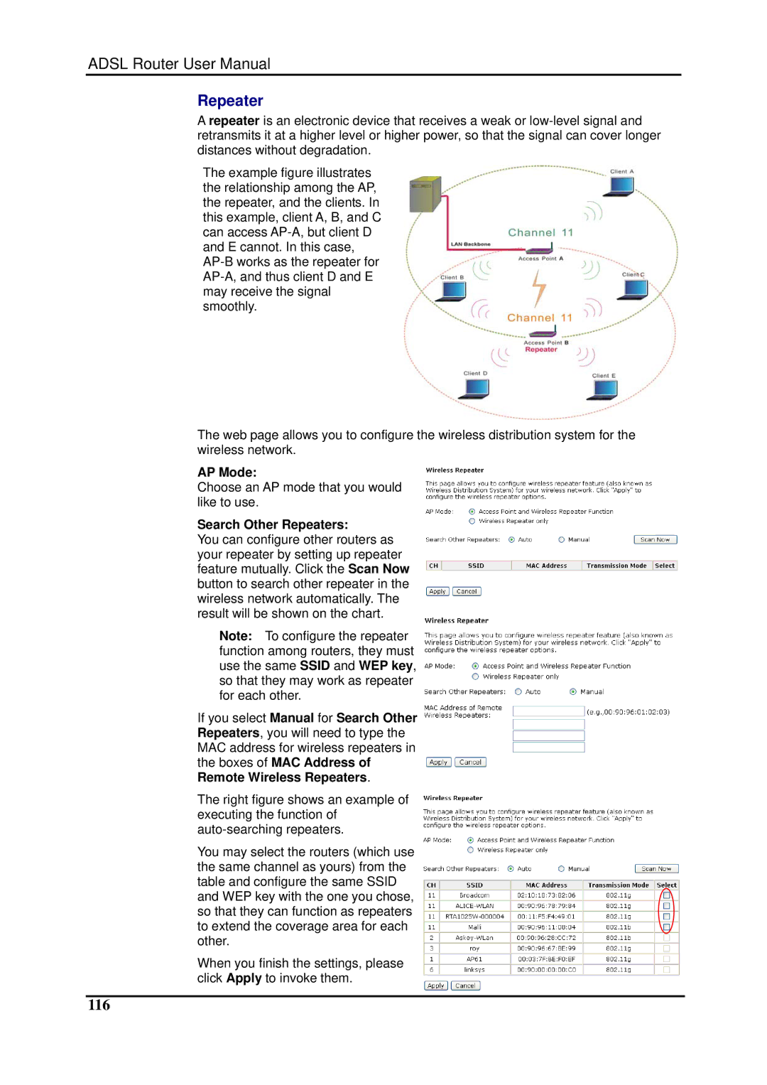 Dynalink RTA1025W user manual 116, AP Mode, Search Other Repeaters 