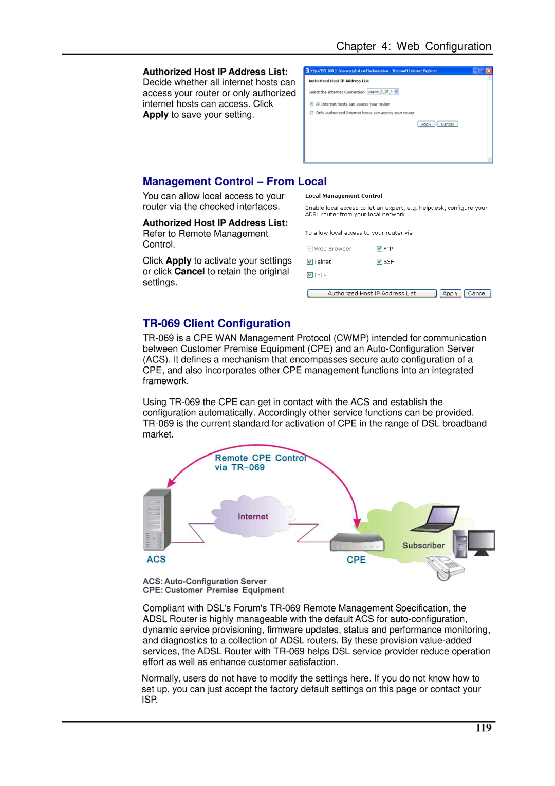 Dynalink RTA1025W user manual Management Control From Local, TR-069 Client Configuration, 119 