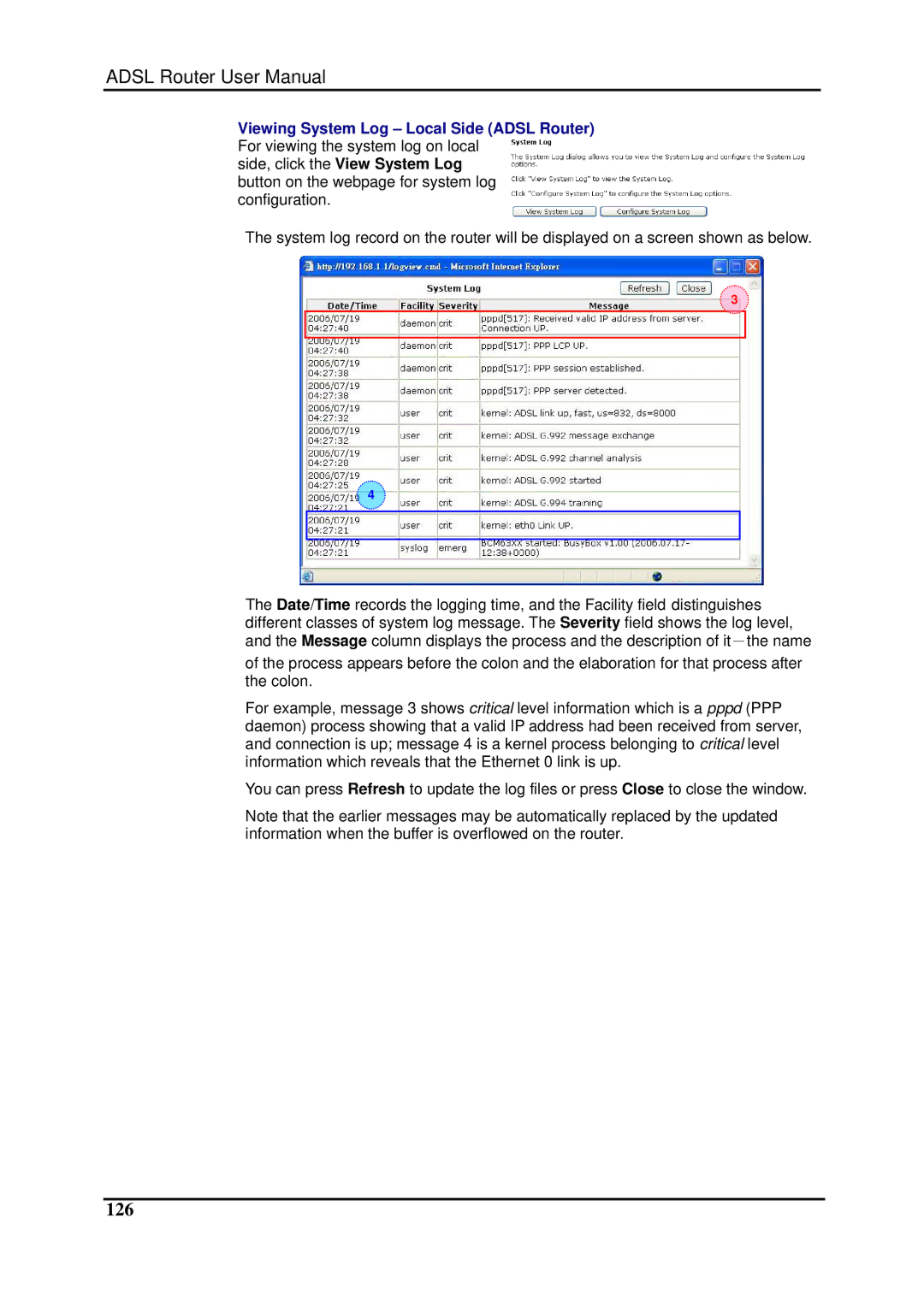 Dynalink RTA1025W user manual 126, Viewing System Log Local Side Adsl Router 