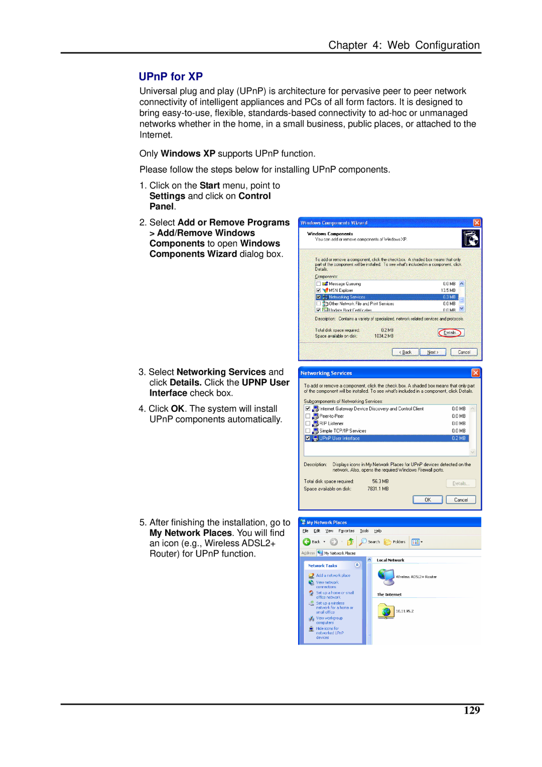 Dynalink RTA1025W user manual UPnP for XP, 129 