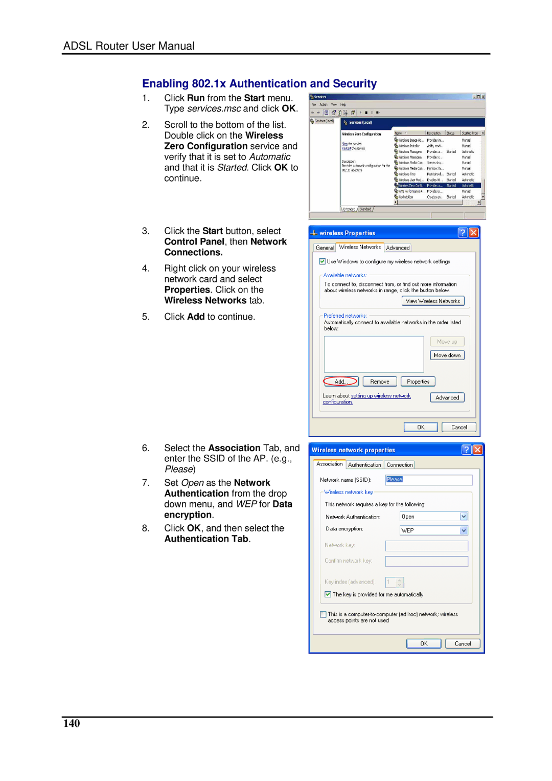 Dynalink RTA1025W user manual Enabling 802.1x Authentication and Security, 140, Connections 