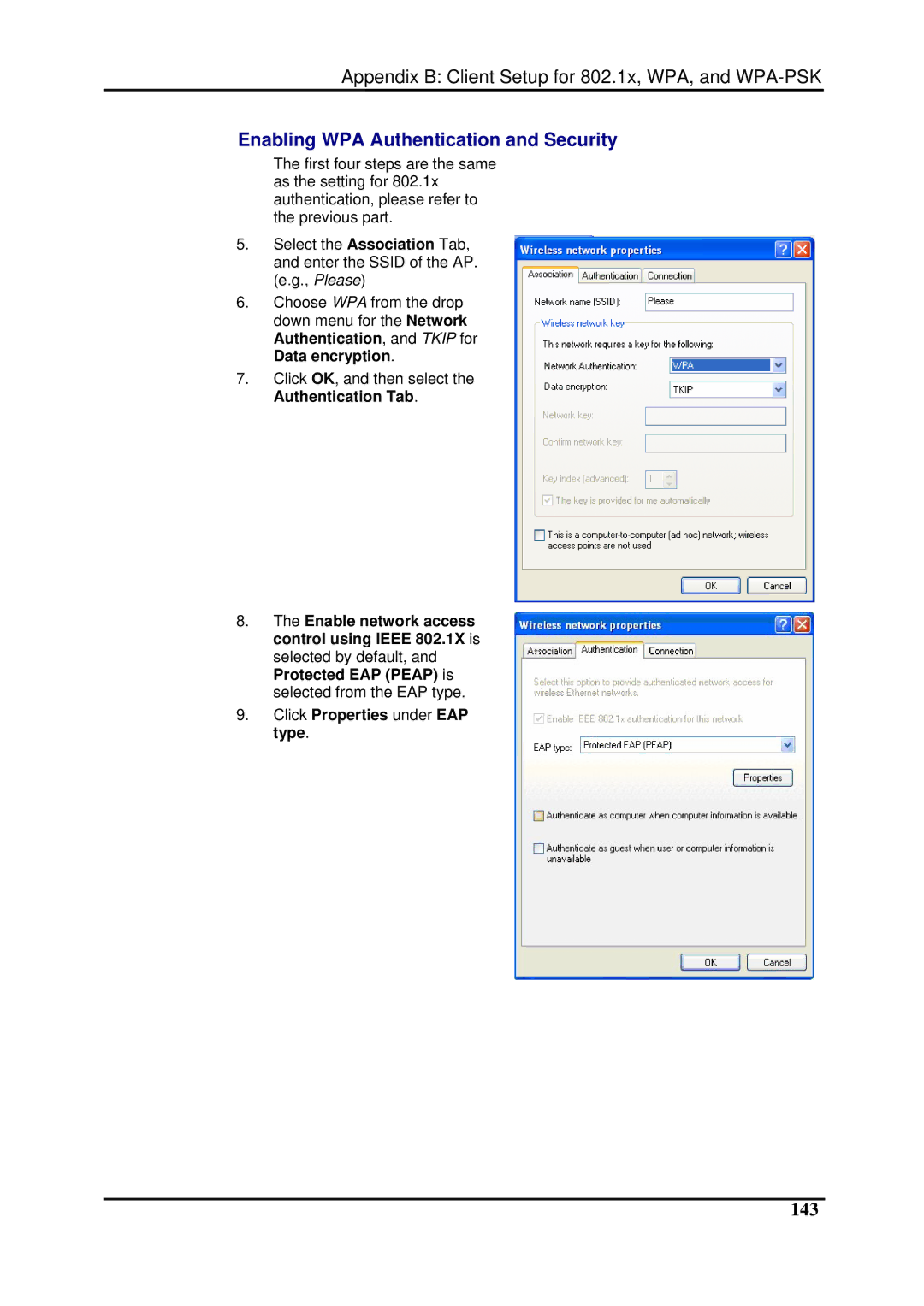 Dynalink RTA1025W user manual Enabling WPA Authentication and Security, 143 