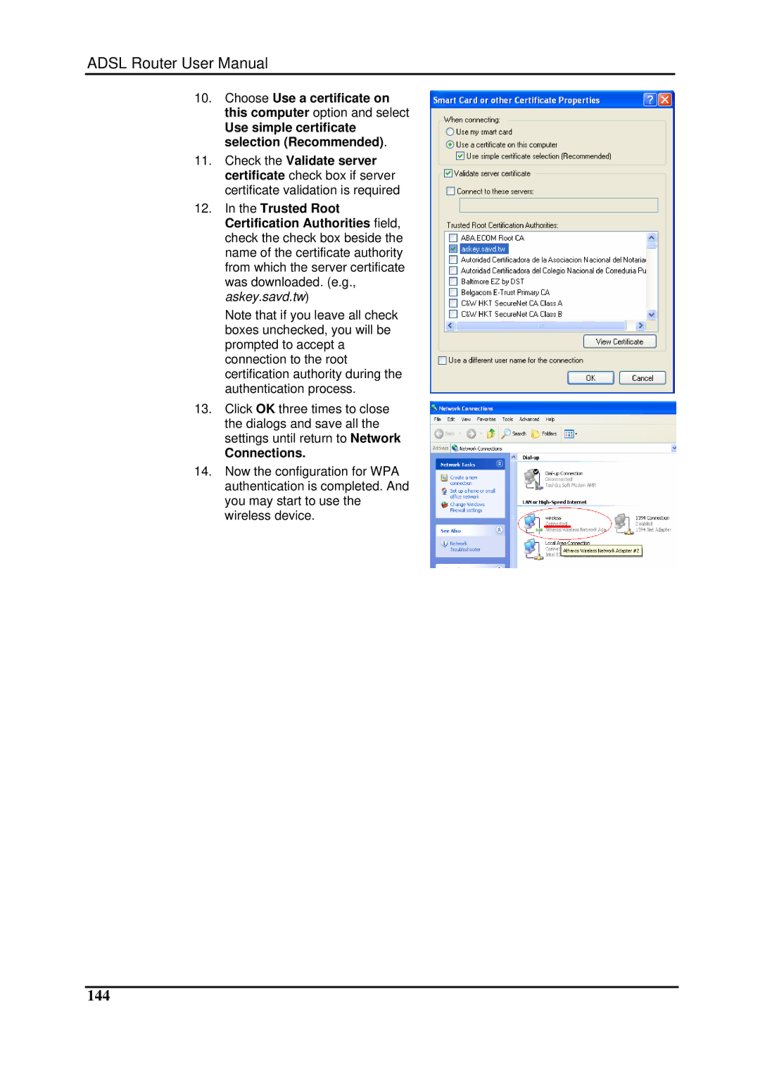 Dynalink RTA1025W user manual 144, Connections 