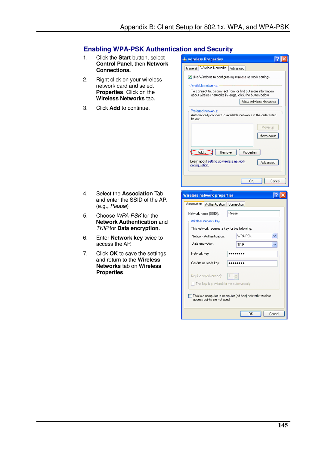 Dynalink RTA1025W user manual Enabling WPA-PSK Authentication and Security, 145 