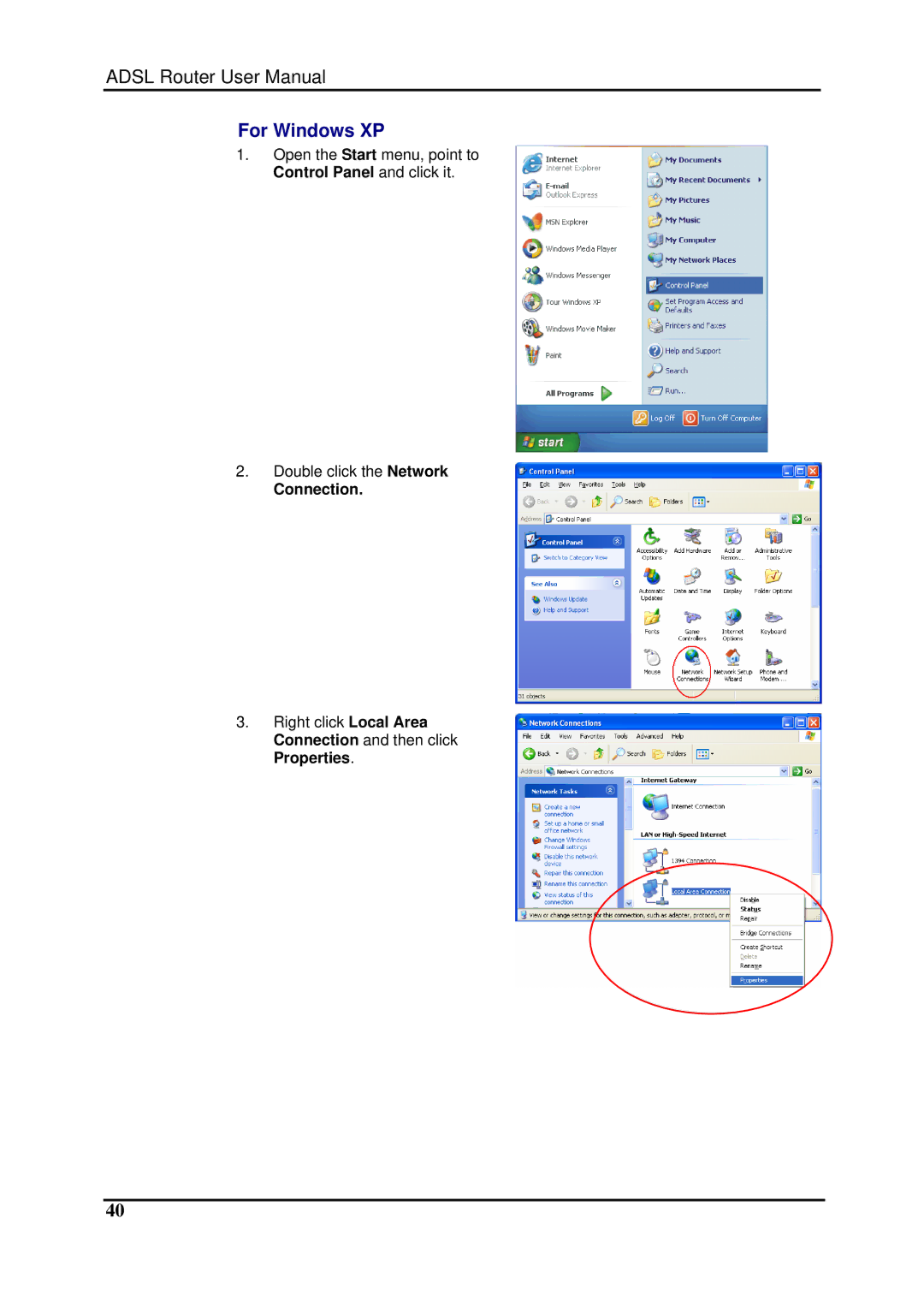 Dynalink RTA1025W user manual For Windows XP, Connection 