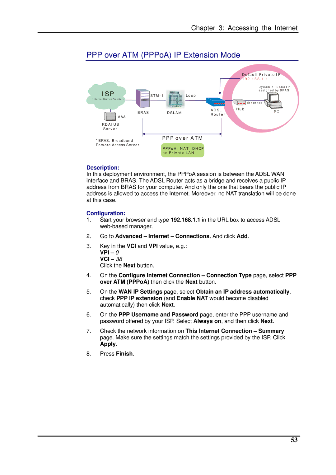 Dynalink RTA1025W user manual PPP over ATM PPPoA IP Extension Mode, Go to Advanced Internet Connections. And click Add, Vci 