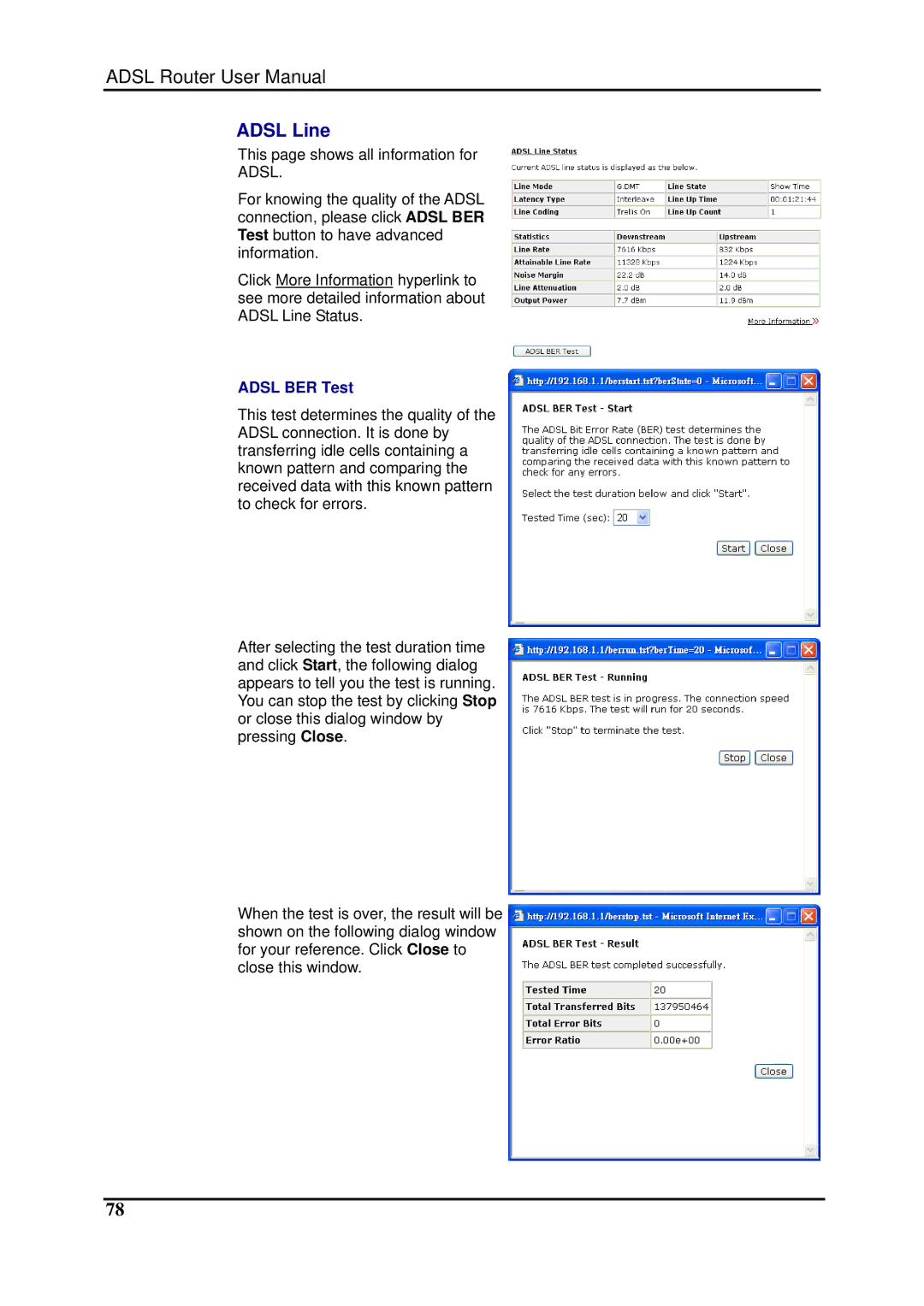 Dynalink RTA1025W user manual Adsl Line, Adsl BER Test 