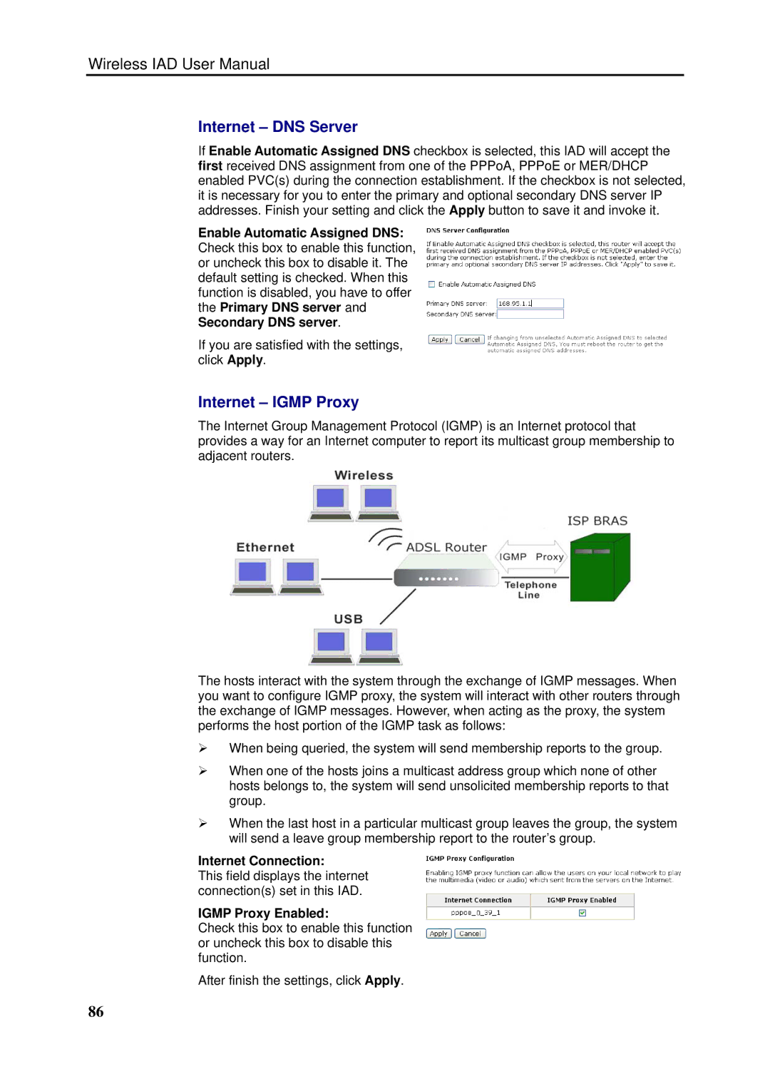 Dynalink RTA1046VW user manual Internet DNS Server, Internet Igmp Proxy, Internet Connection, Igmp Proxy Enabled 