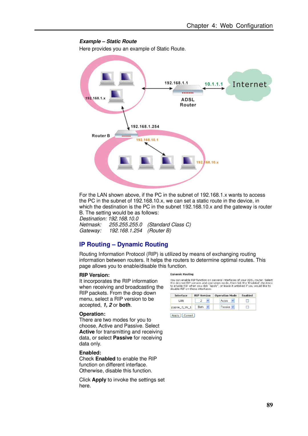 Dynalink RTA1046VW user manual IP Routing Dynamic Routing, RIP Version, Operation, Enabled 