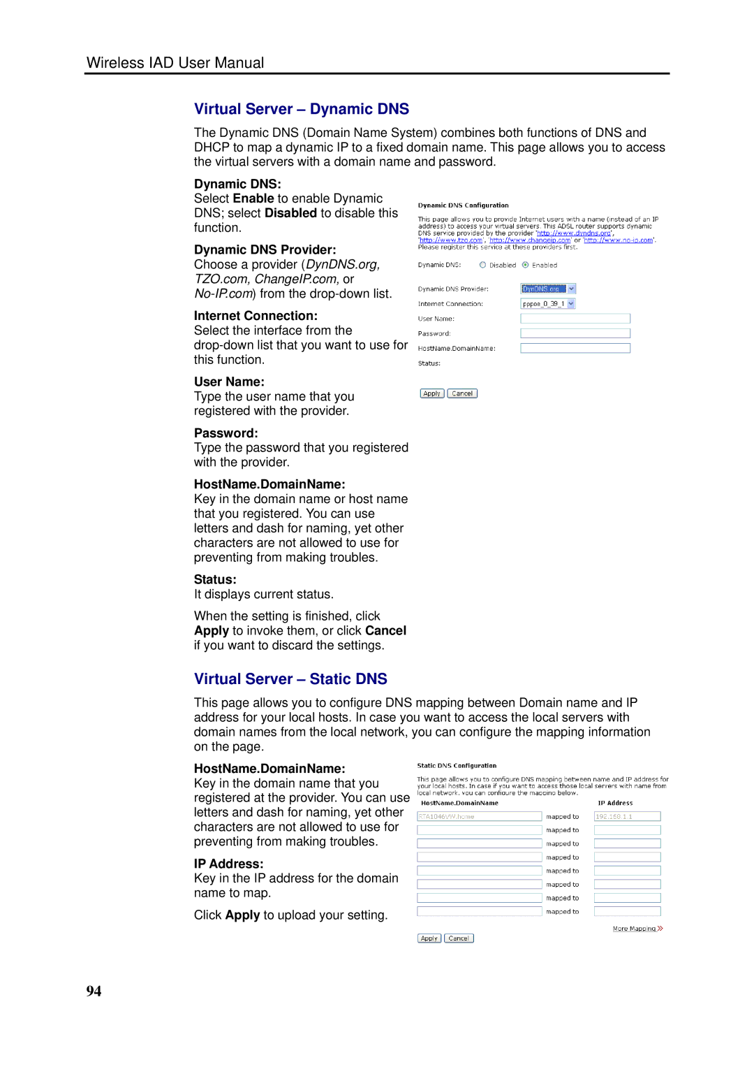 Dynalink RTA1046VW user manual Virtual Server Dynamic DNS, Virtual Server Static DNS 