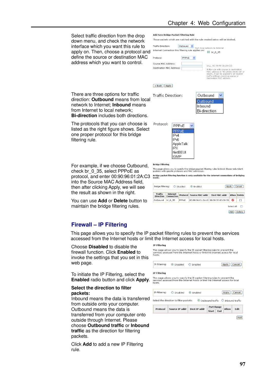 Dynalink RTA1046VW user manual Firewall IP Filtering, Select the direction to filter packets 