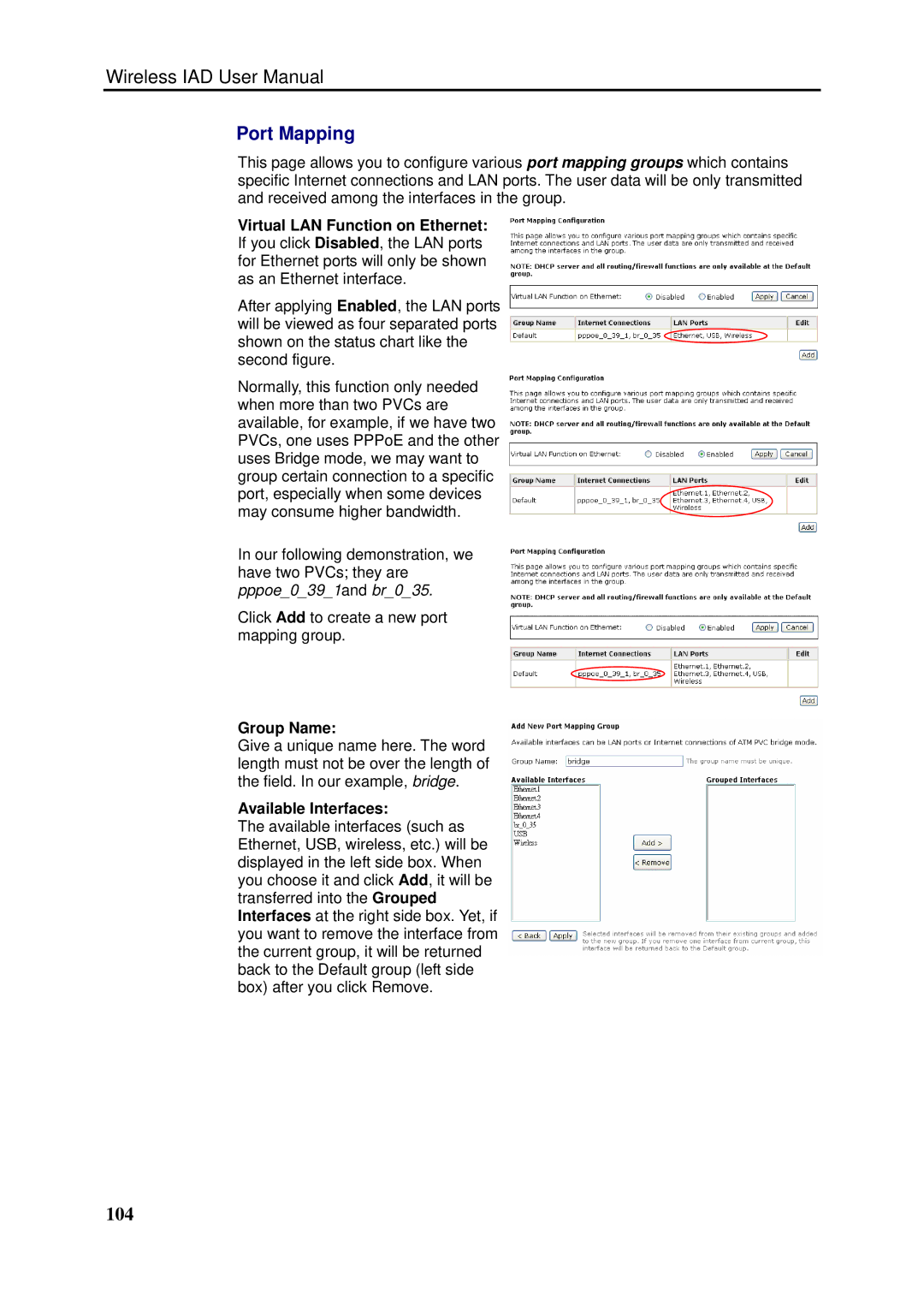 Dynalink RTA1046VW user manual Port Mapping, Group Name, Available Interfaces 