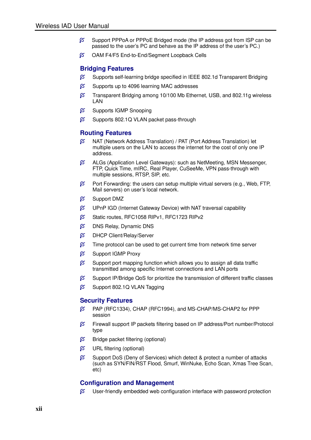 Dynalink RTA1046VW user manual Bridging Features, Routing Features, Security Features, Configuration and Management, Xii 