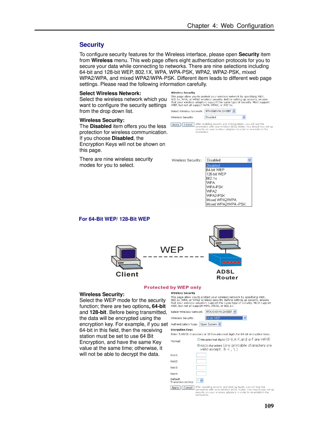 Dynalink RTA1046VW user manual 109, Select Wireless Network, Wireless Security, For 64-Bit WEP/ 128-Bit WEP 