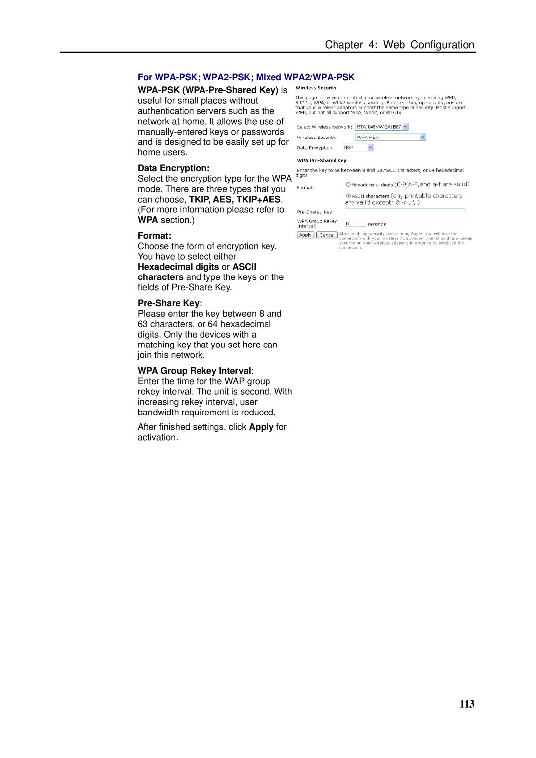 Dynalink RTA1046VW user manual 113, For WPA-PSK WPA2-PSK Mixed WPA2/WPA-PSK, Pre-Share Key 