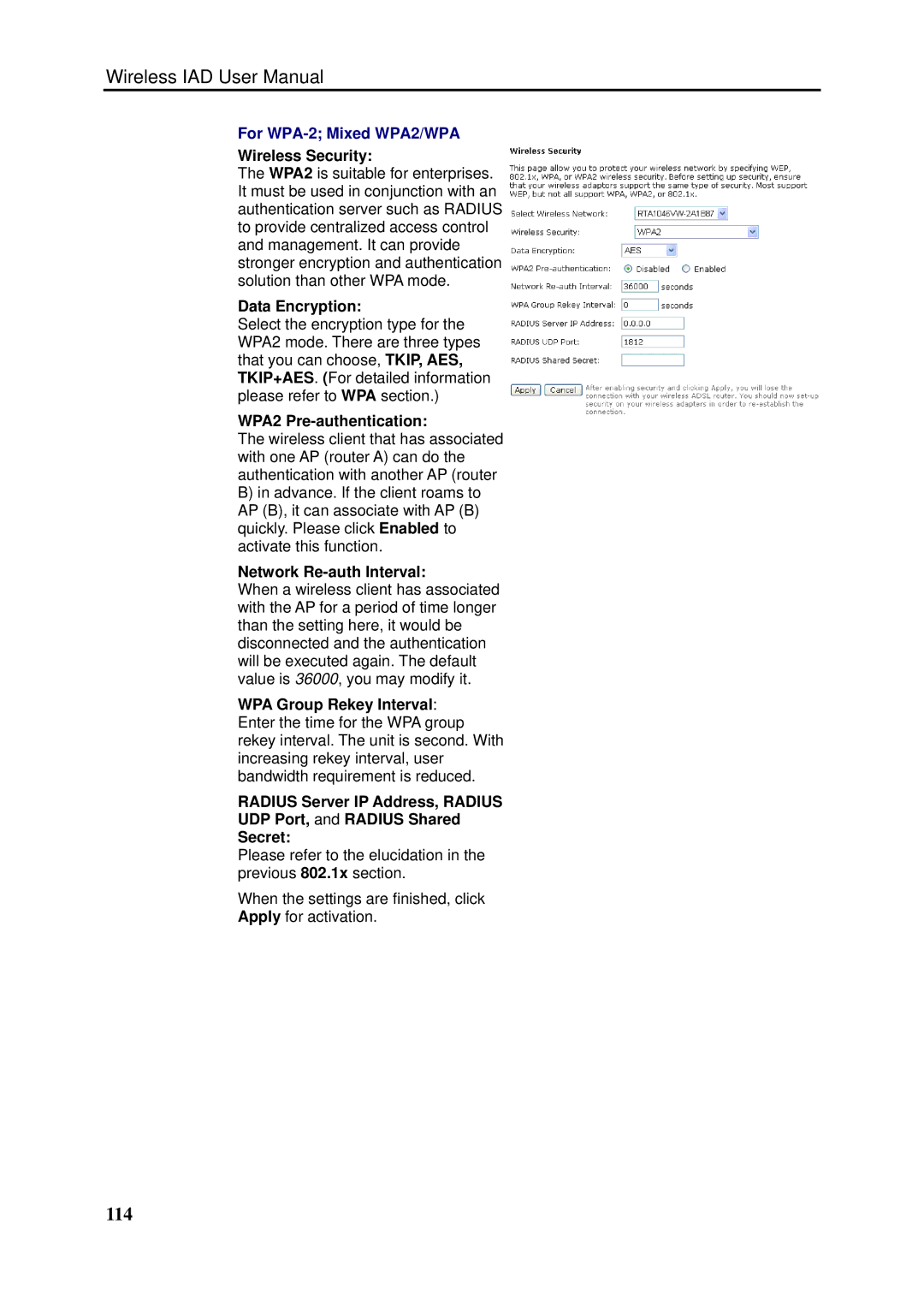 Dynalink RTA1046VW user manual 114, For WPA-2 Mixed WPA2/WPA, WPA2 Pre-authentication, Network Re-auth Interval 