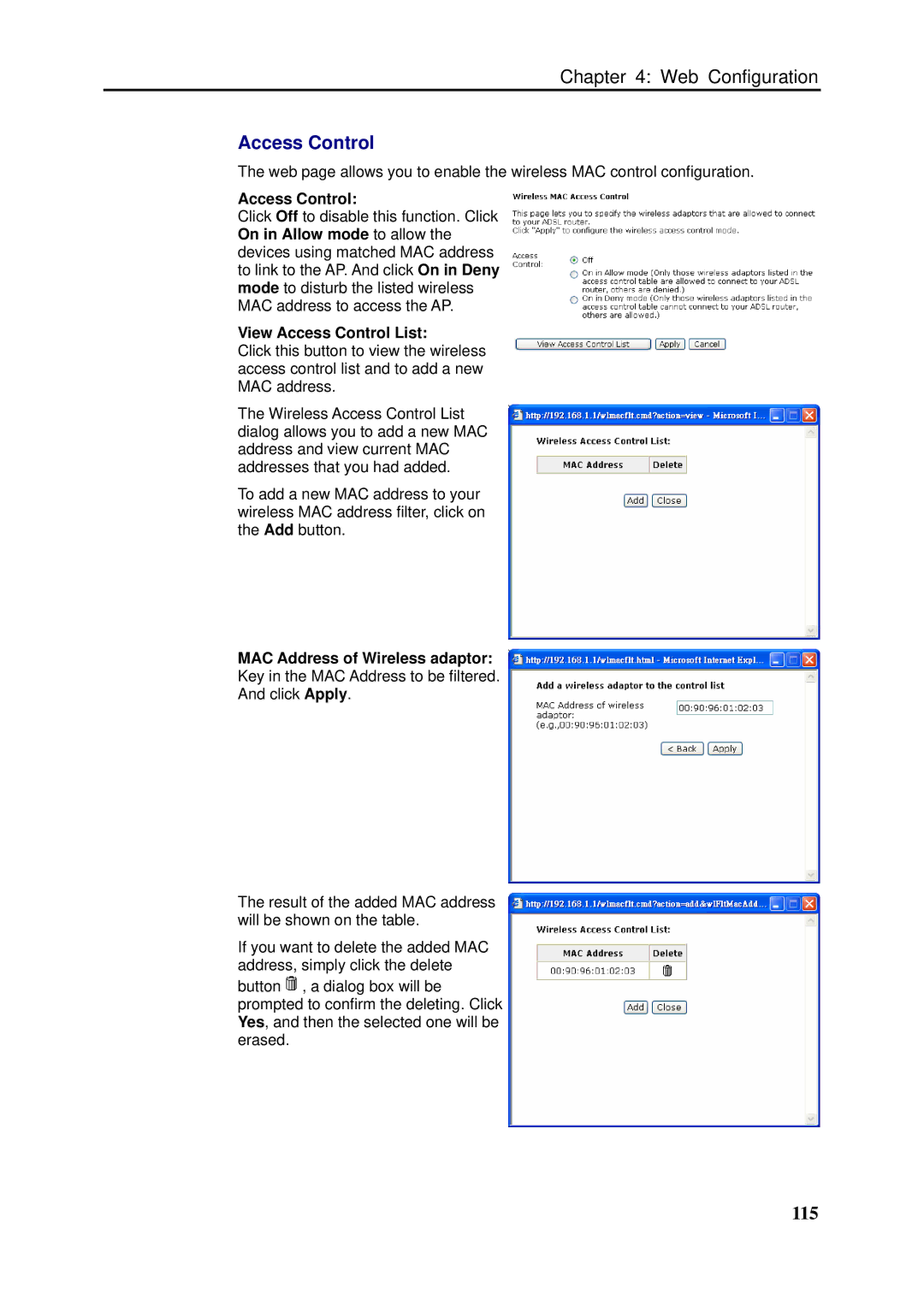 Dynalink RTA1046VW user manual 115, View Access Control List, MAC Address of Wireless adaptor 