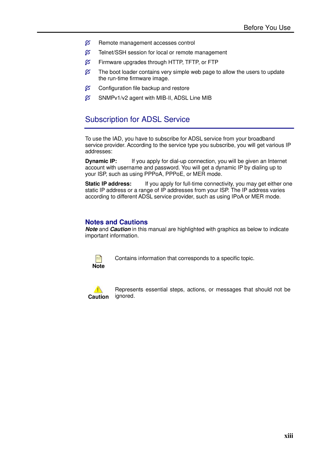 Dynalink RTA1046VW user manual Subscription for Adsl Service, Xiii 