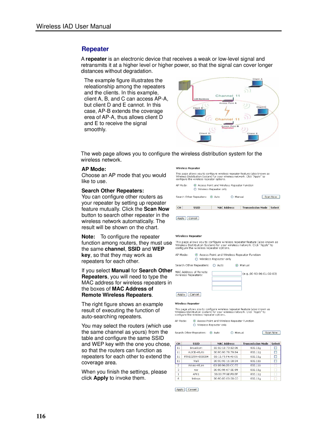 Dynalink RTA1046VW user manual 116, AP Mode, Search Other Repeaters 