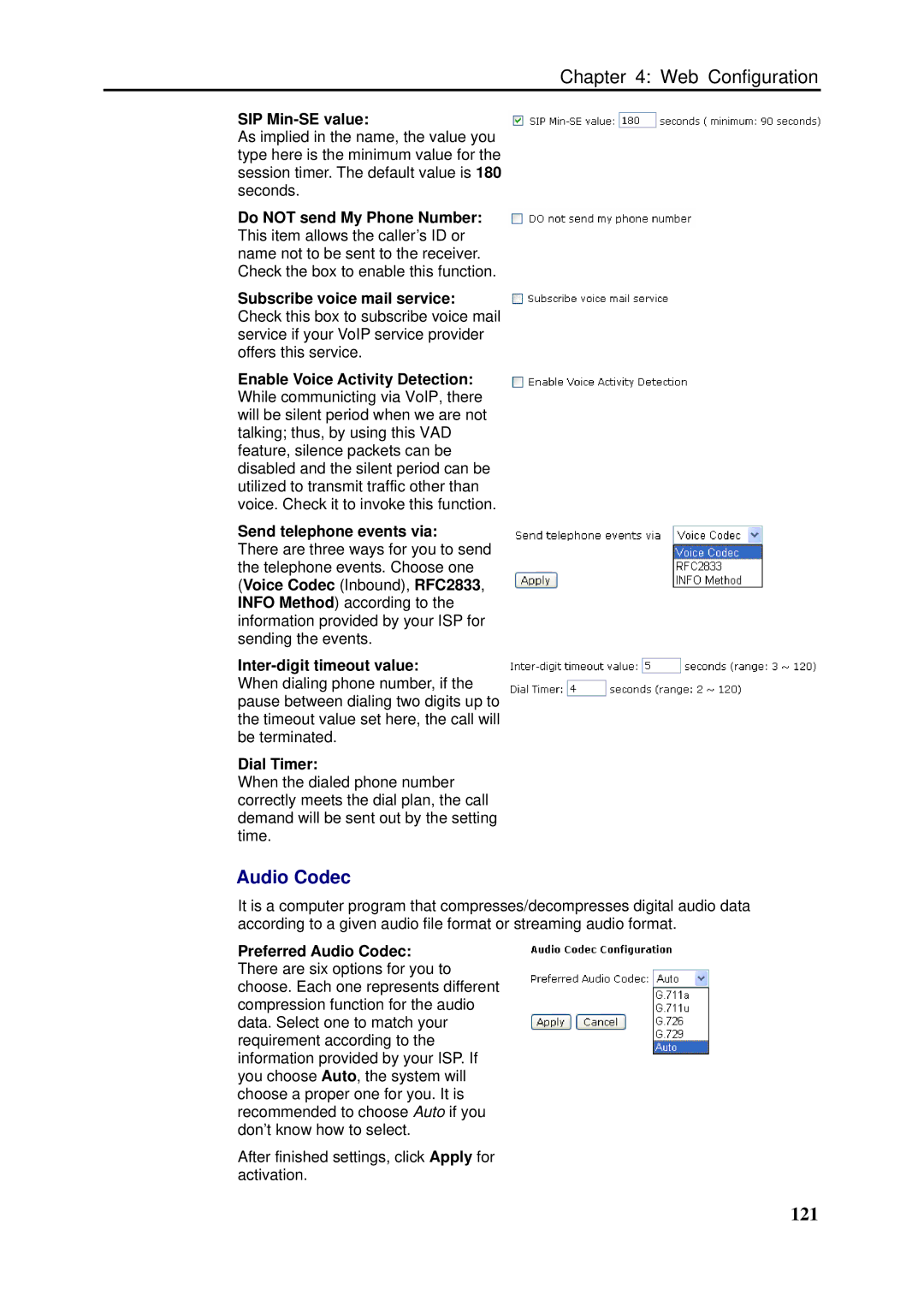 Dynalink RTA1046VW user manual Audio Codec, 121, SIP Min-SE value, Inter-digit timeout value, Dial Timer 