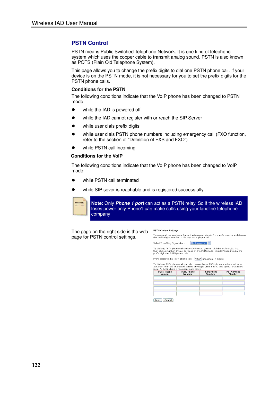 Dynalink RTA1046VW user manual Pstn Control, 122, Conditions for the Pstn, Conditions for the VoIP 