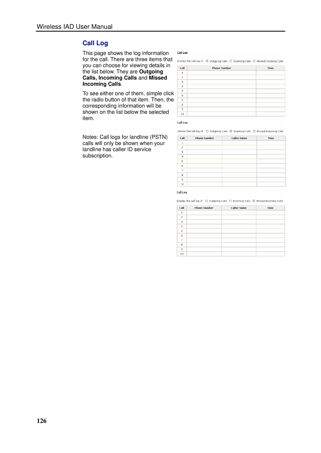 Dynalink RTA1046VW user manual Call Log, 126 