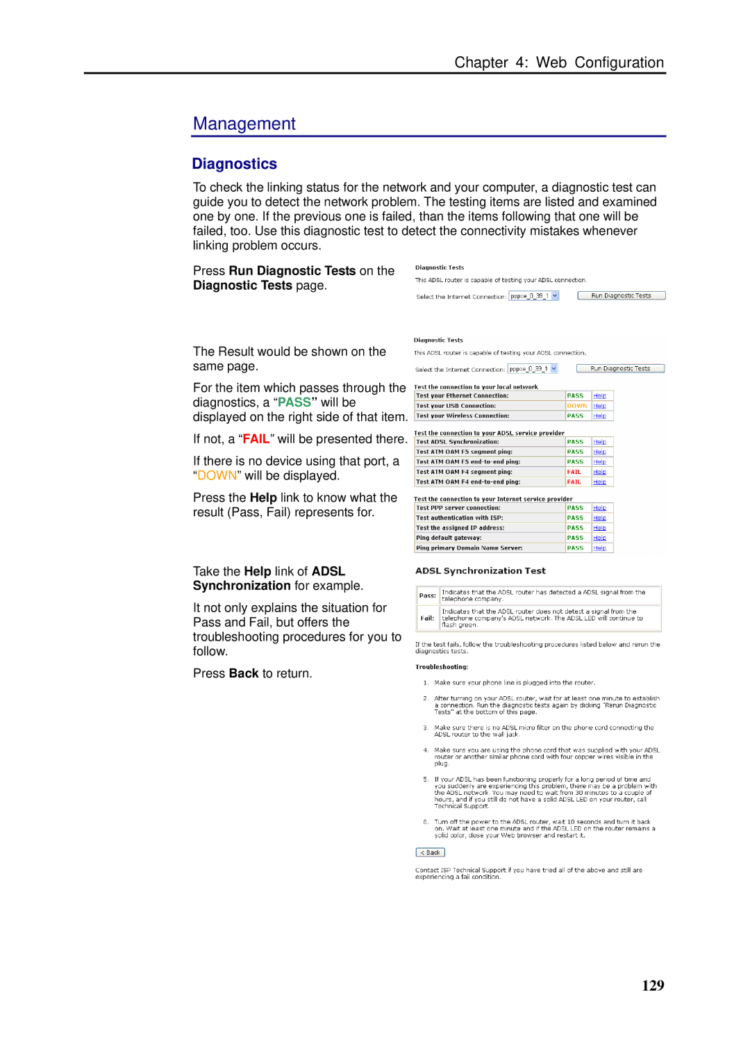 Dynalink RTA1046VW user manual Management, Diagnostics, 129, Press Run Diagnostic Tests on 