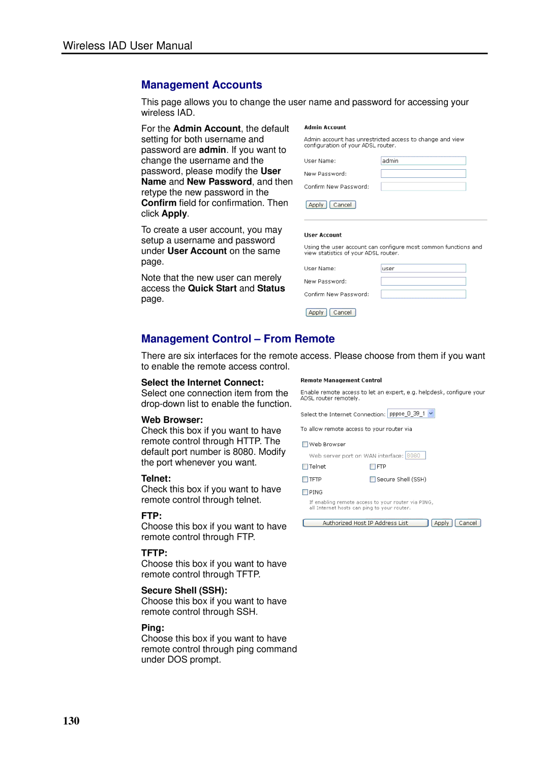 Dynalink RTA1046VW user manual Management Accounts, Management Control From Remote, 130 